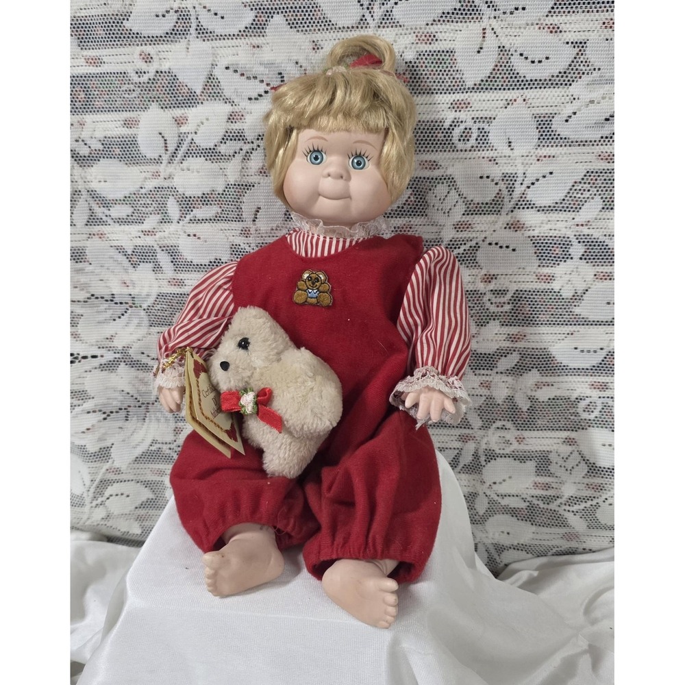 Vintage Collector's Choice Porcelain Girl Doll 16 In Red Outfit Plush Dog COA